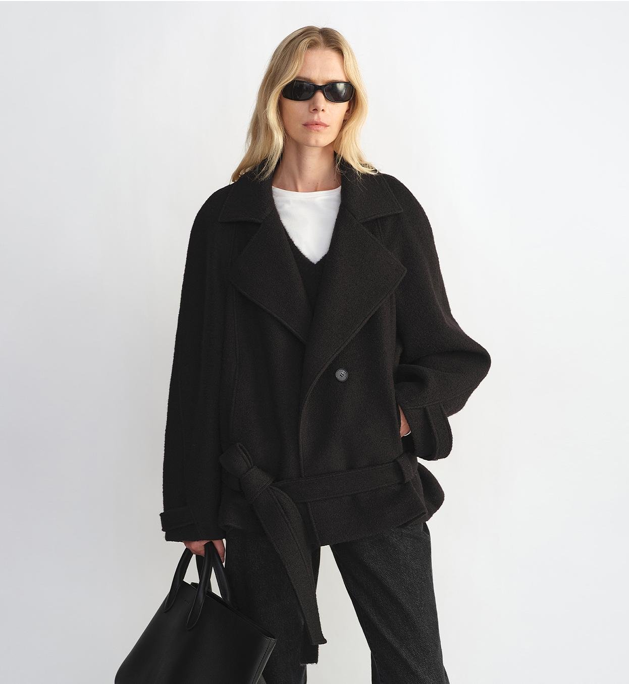 "Warm Cocoon" Italian Herringbone Wool Classic Lapel Micro - coon Short Wool Coat for Women - variant_title