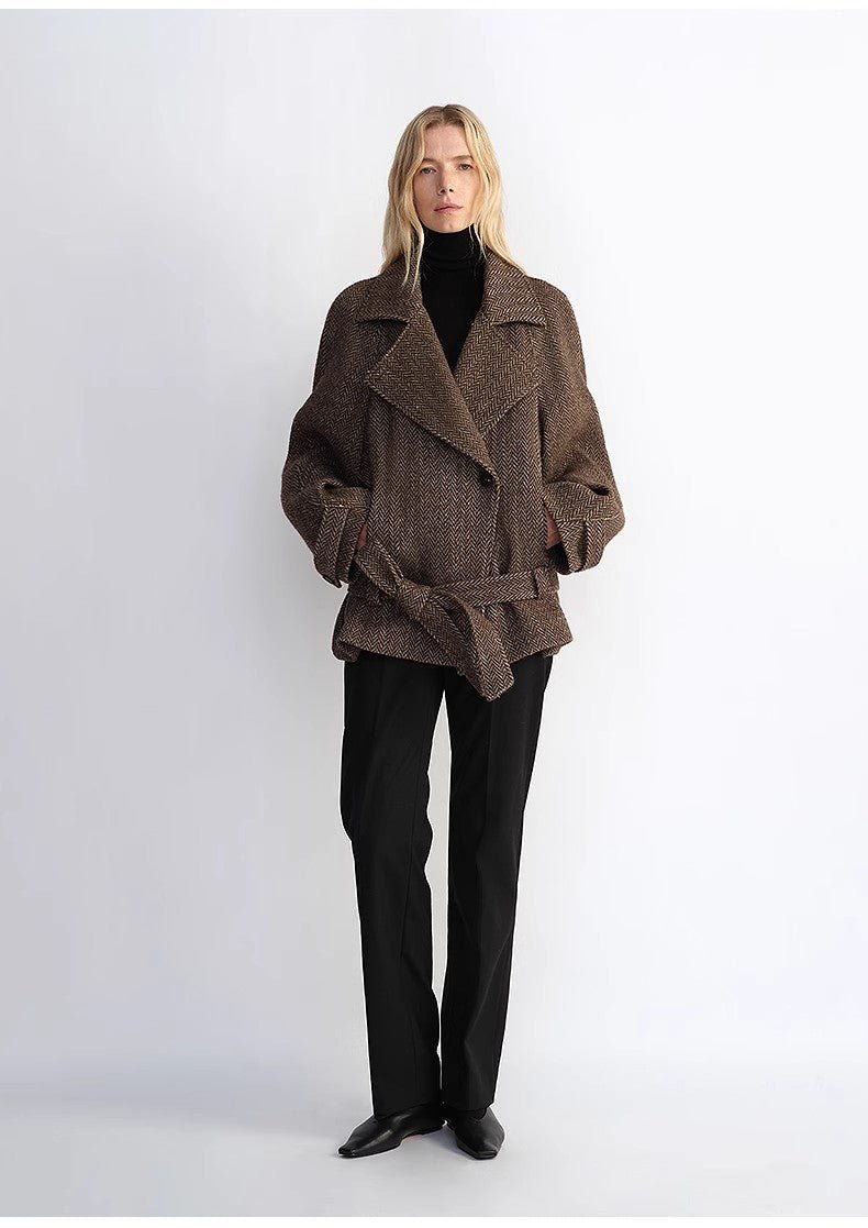 "Warm Cocoon" Italian Herringbone Wool Classic Lapel Micro - coon Short Wool Coat for Women - variant_title