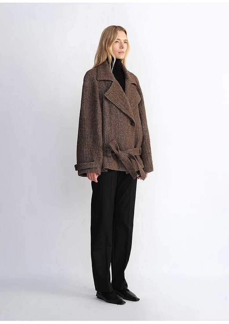 "Warm Cocoon" Italian Herringbone Wool Classic Lapel Micro - coon Short Wool Coat for Women - variant_title