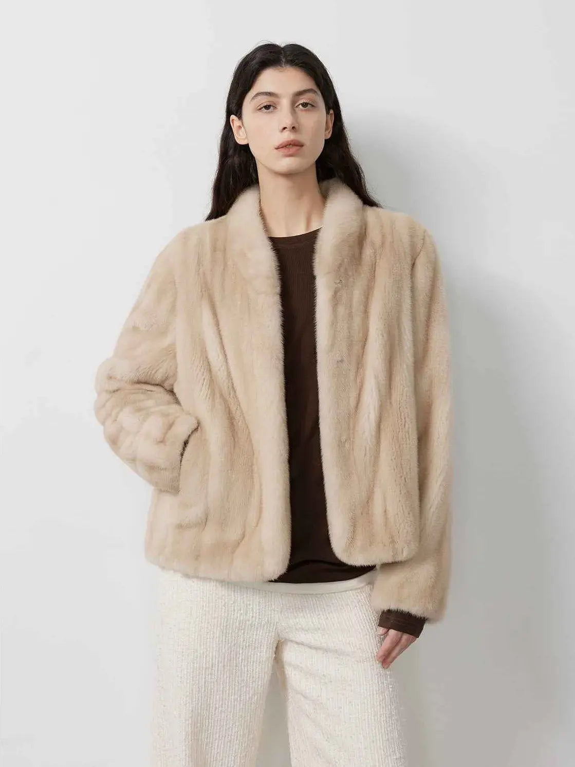 Warm Coffee Palomino mink short jacket on model, front view