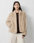 Warm Coffee Palomino mink short jacket on model, front view