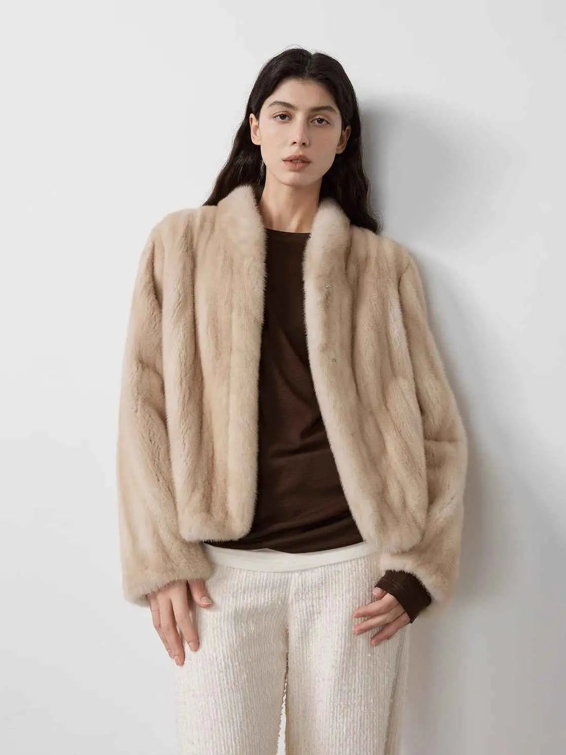 Warm Coffee Palomino mink jacket alternate front styling