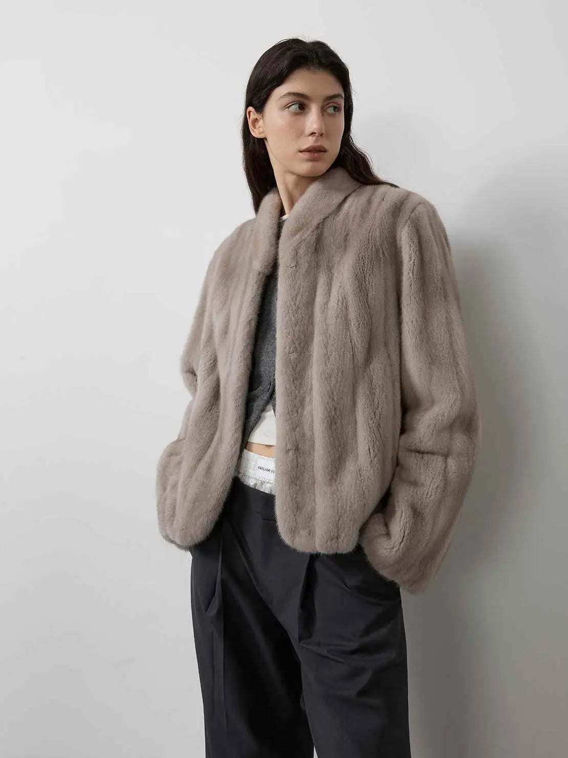 Warm Coffee Silverblue mink short jacket on model, front view