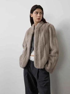 Warm Coffee Silverblue mink short jacket on model, front view