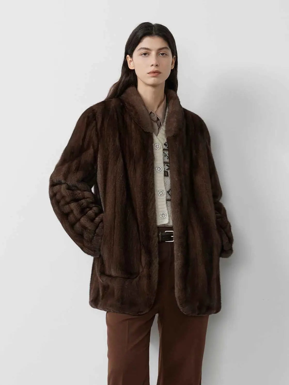 Warm Coffee Brown Sable long mink jacket on model