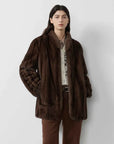 Warm Coffee Brown Sable long mink jacket on model