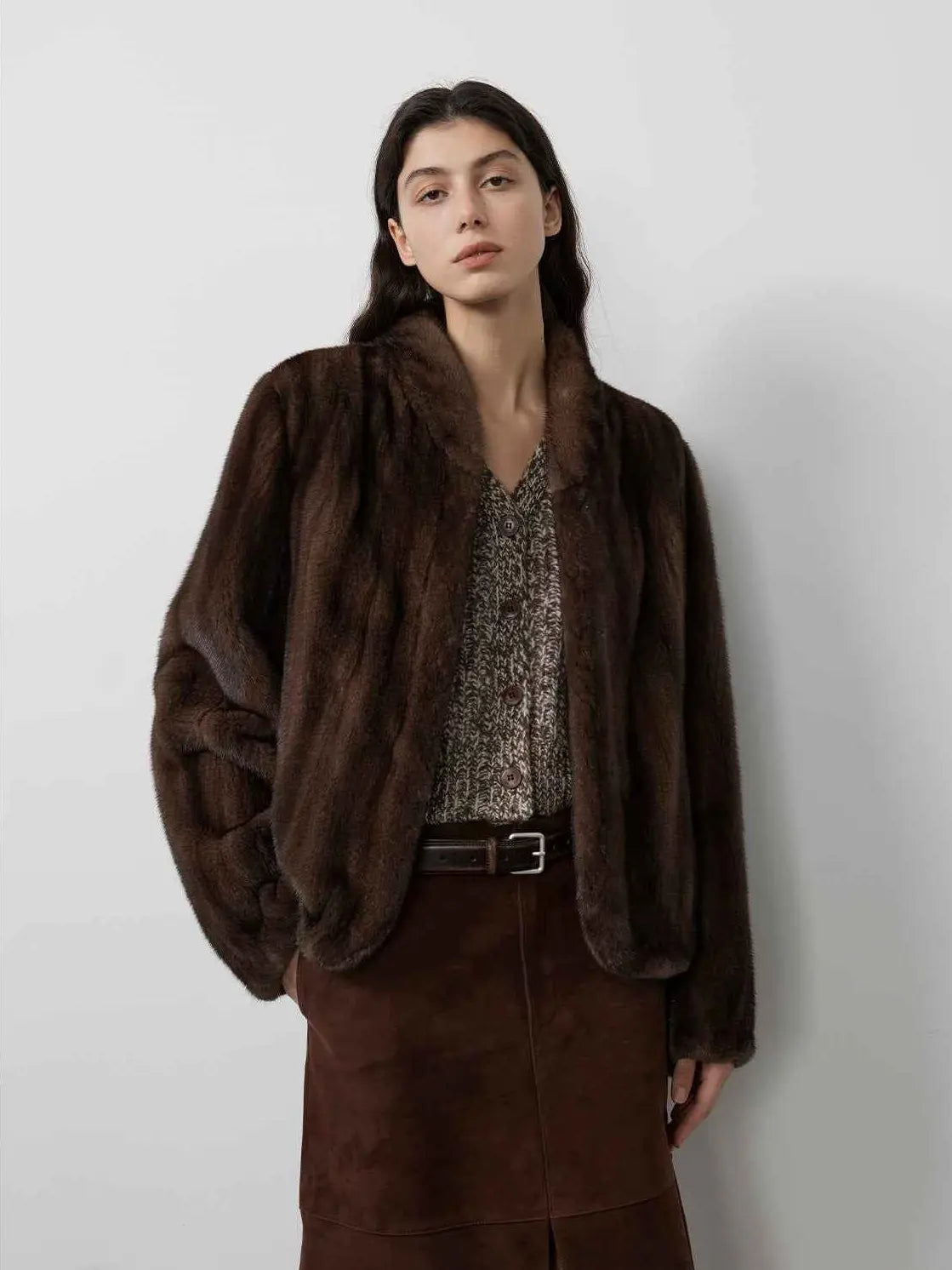Warm Coffee Brown Sable short mink jacket on model