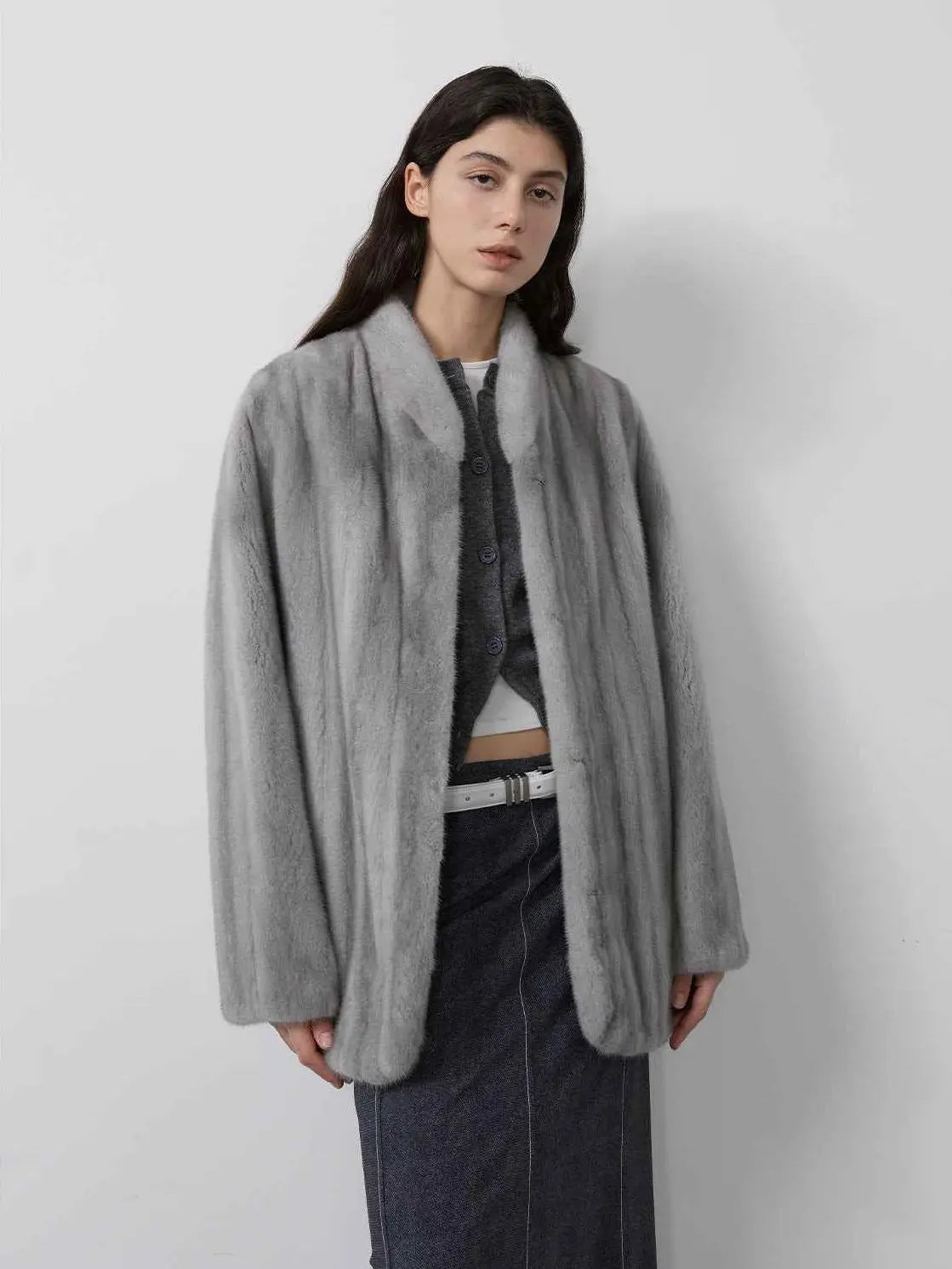 Warm Coffee Silverblue long mink jacket on model