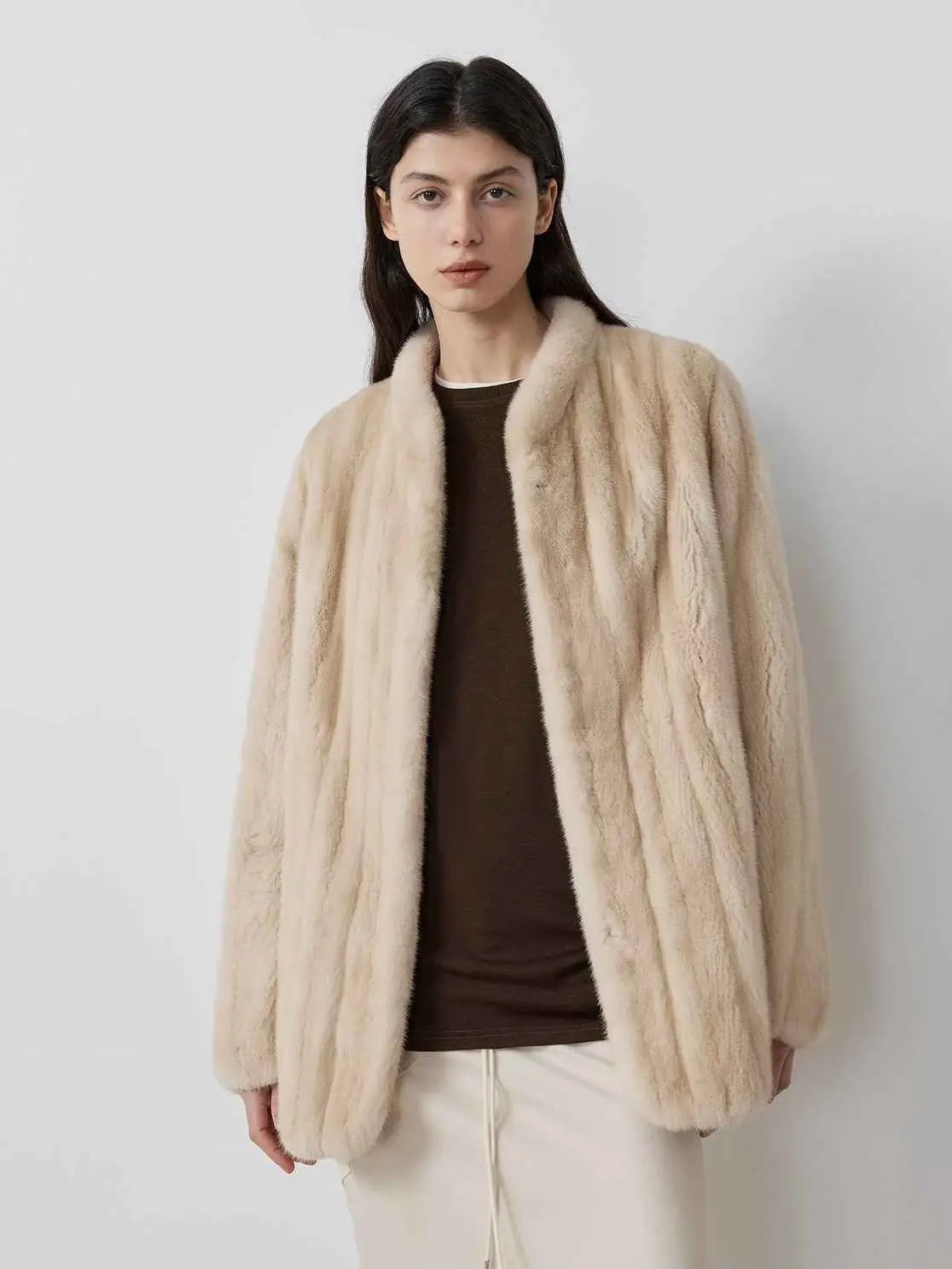 Warm Coffee Palomino long mink jacket on model