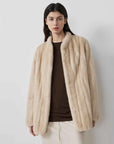 Warm Coffee Palomino long mink jacket on model