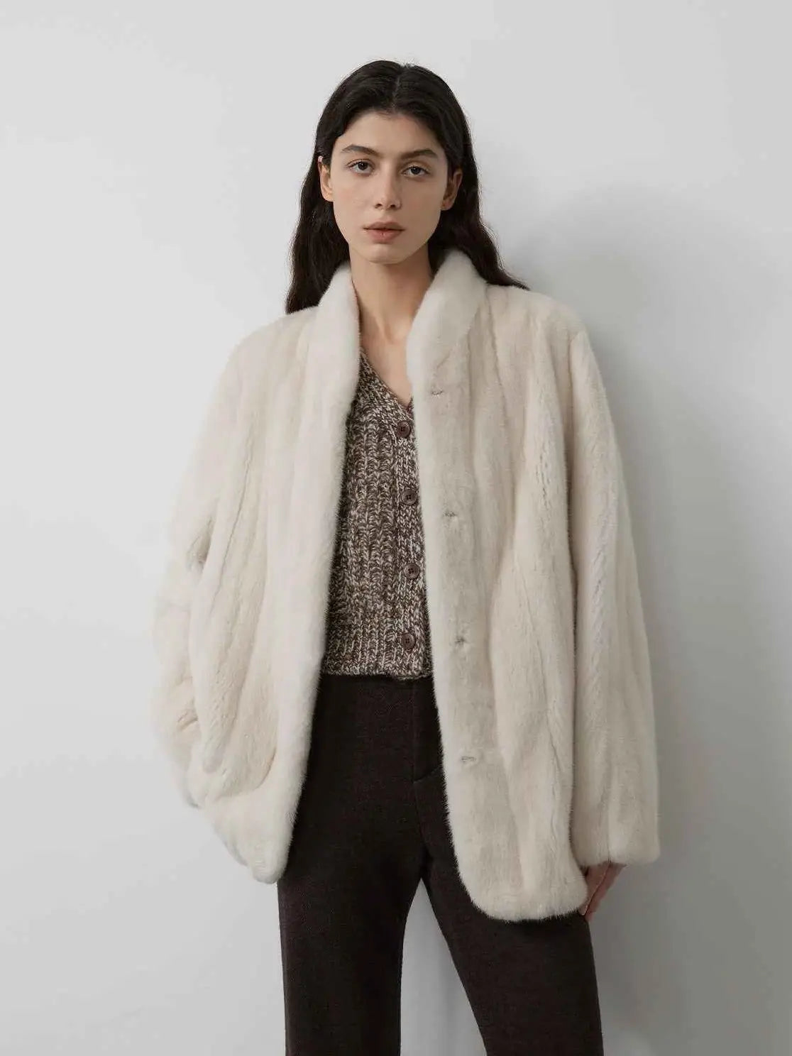 Warm Coffee Pearl Beige long mink jacket on model