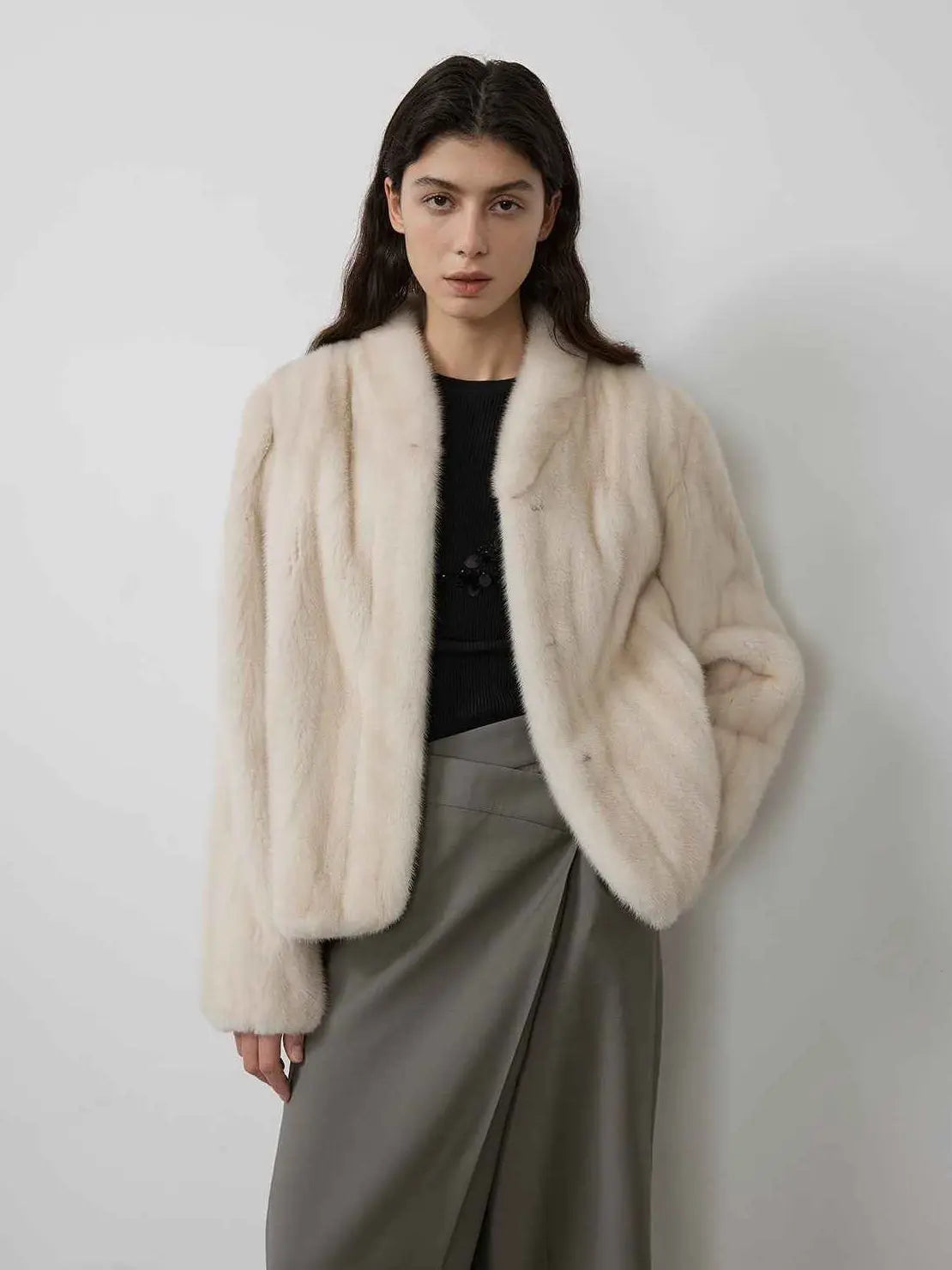 Warm Coffee Pearl Beige short mink jacket on model
