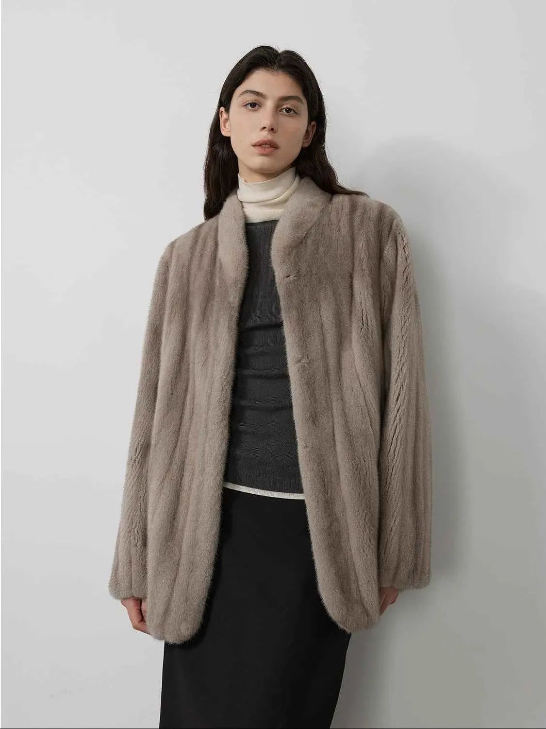 Warm Coffee Sapphire long mink jacket on model