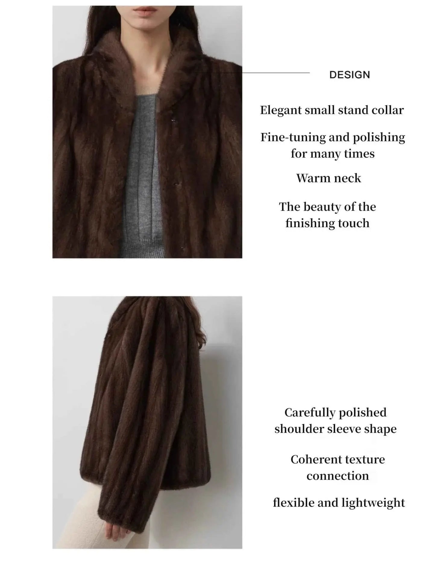 Warm Coffee mink jacket stand collar, shoulder and sleeve design details
