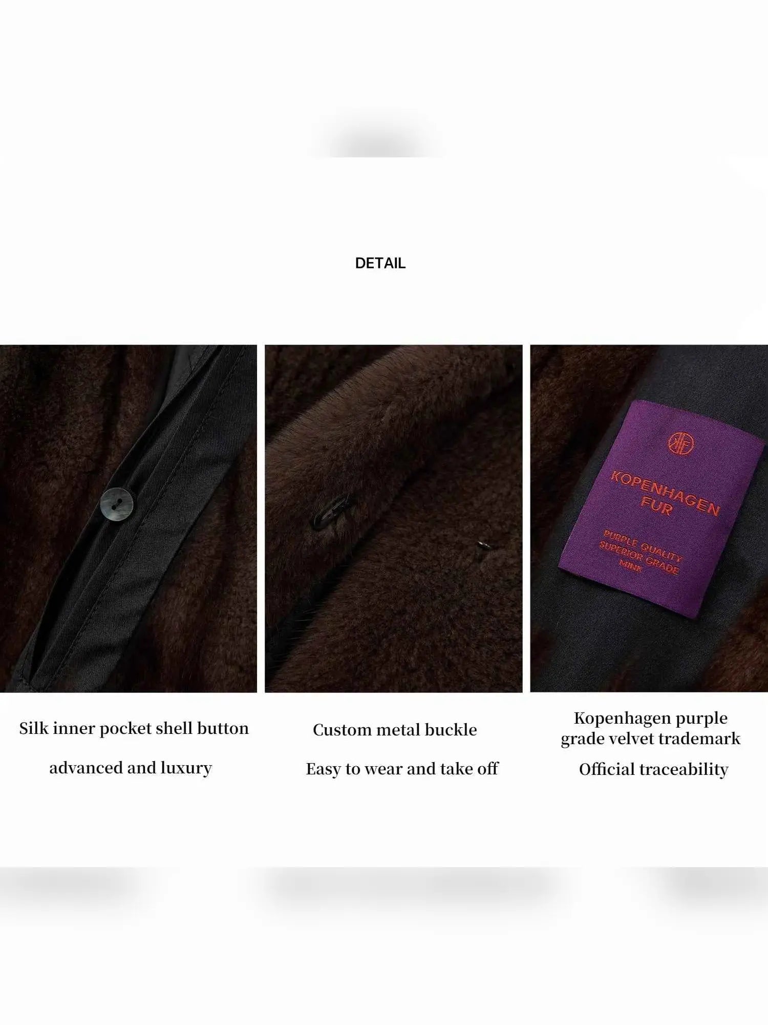 Warm Coffee mink jacket silk lining, button and Kopenhagen Fur label details