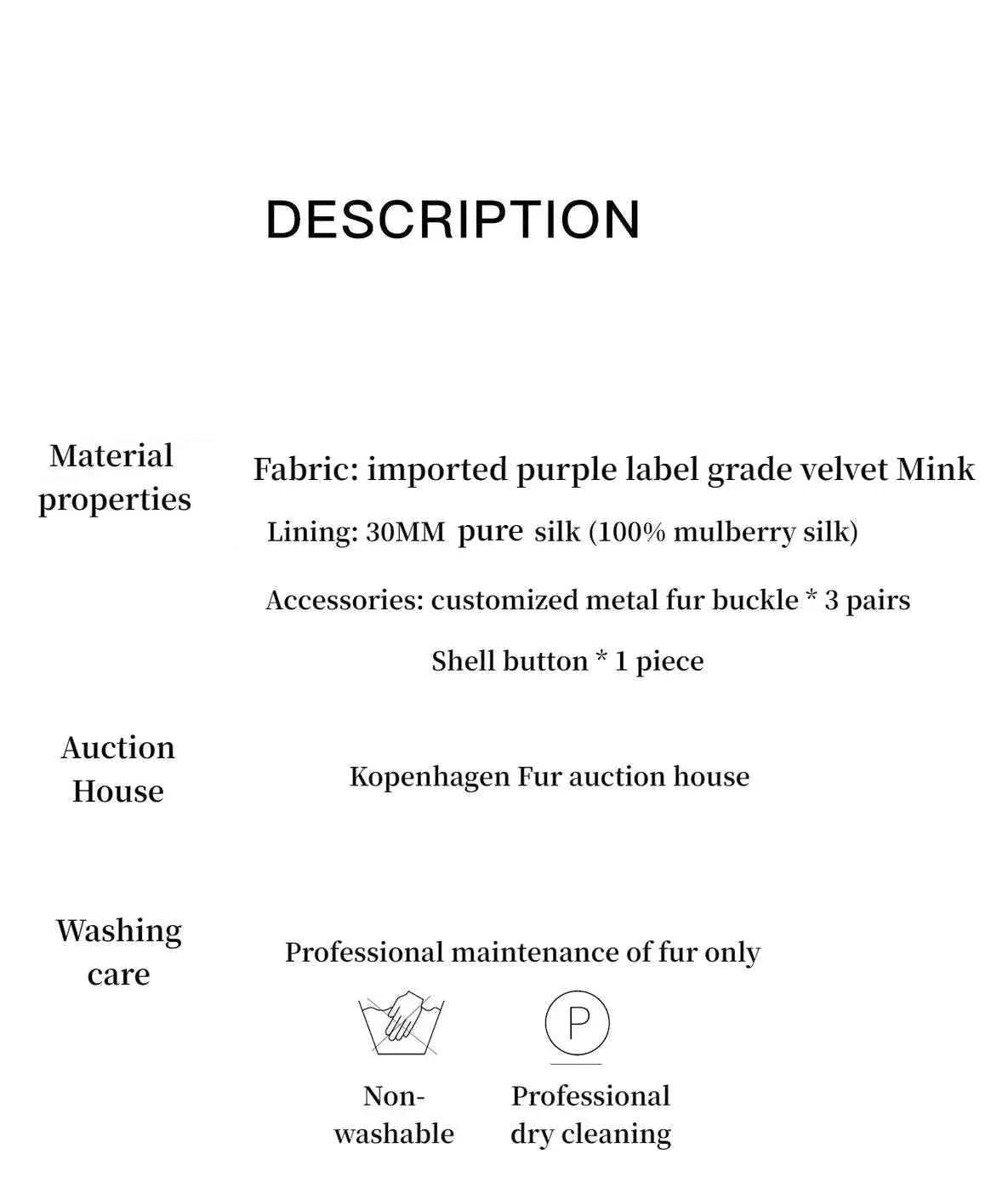 Warm Coffee mink jacket materials, lining and fur care information