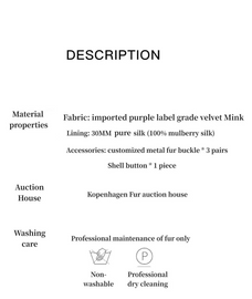 Warm Coffee mink jacket materials, lining and fur care information