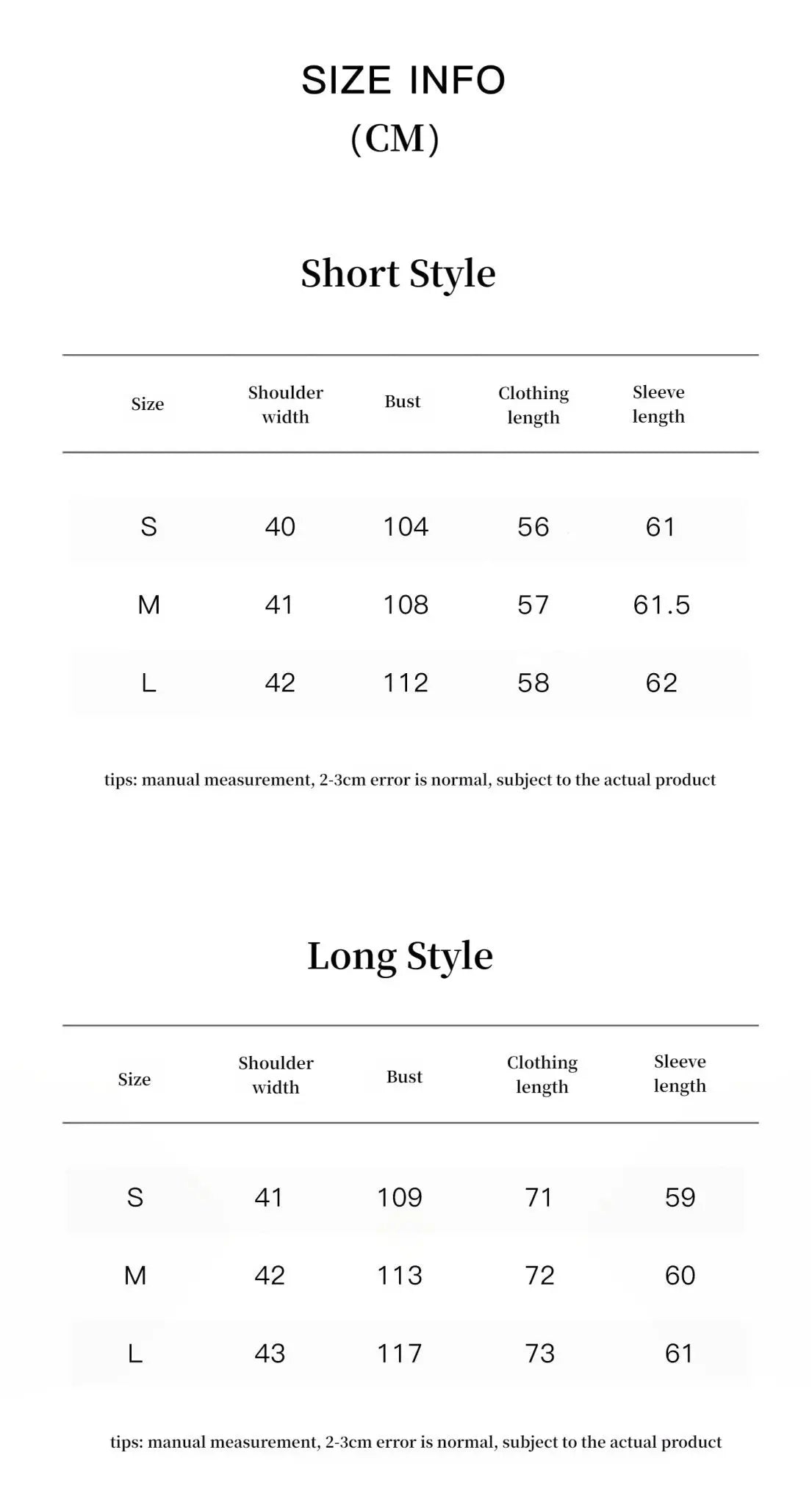 Warm Coffee mink jacket short and long style size guide in centimeters
