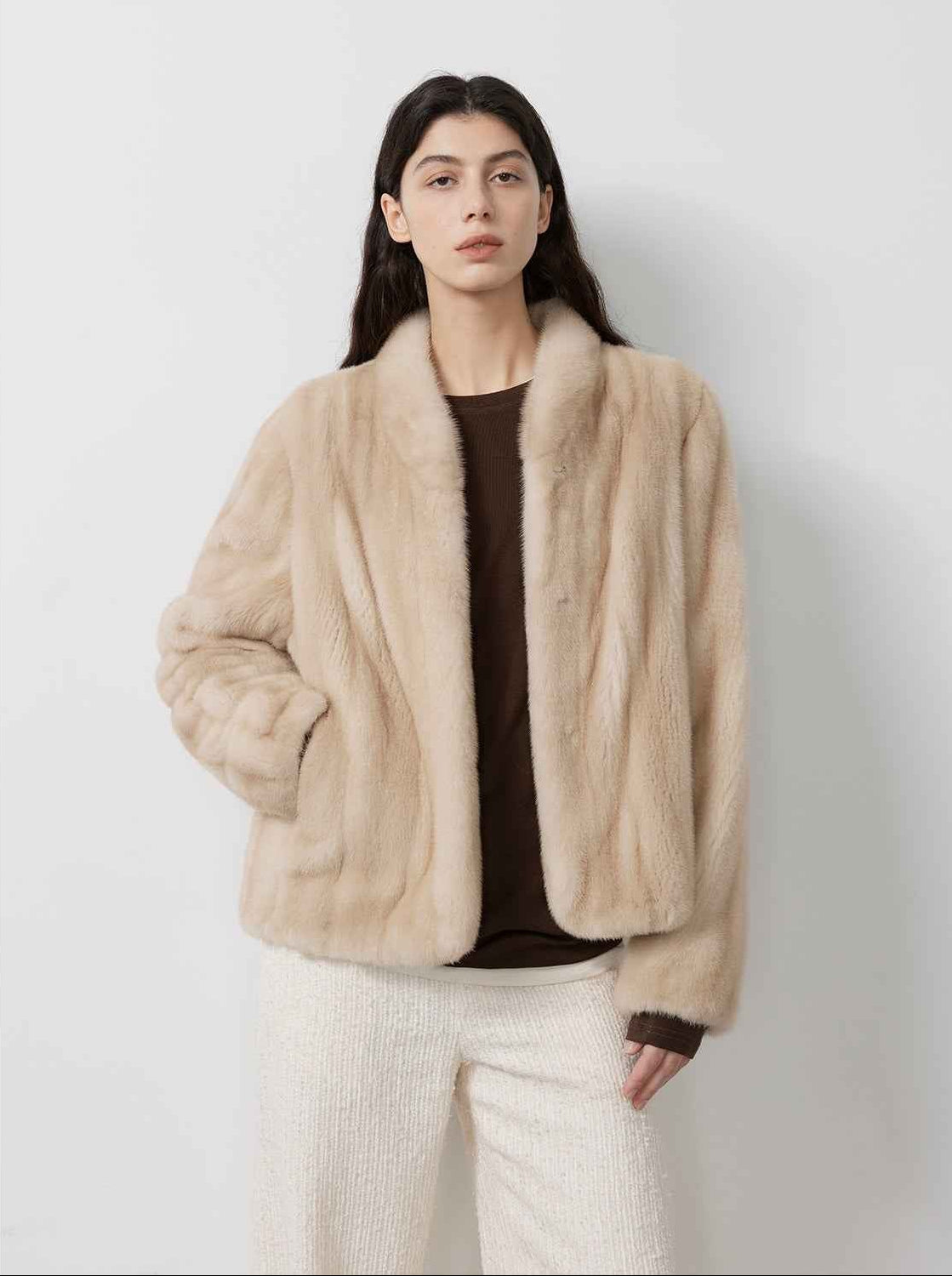 Warm coffee mink retro imported stand collar short mink fur coat - variant_title