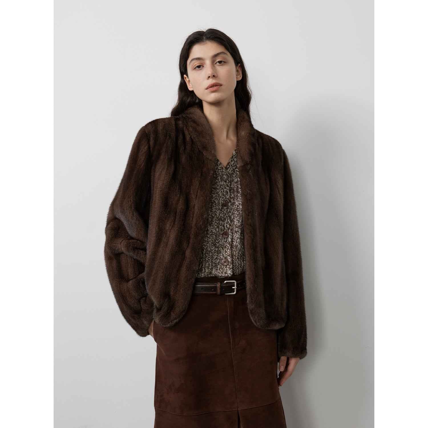 Warm coffee mink retro imported stand collar short mink fur coat - variant_title