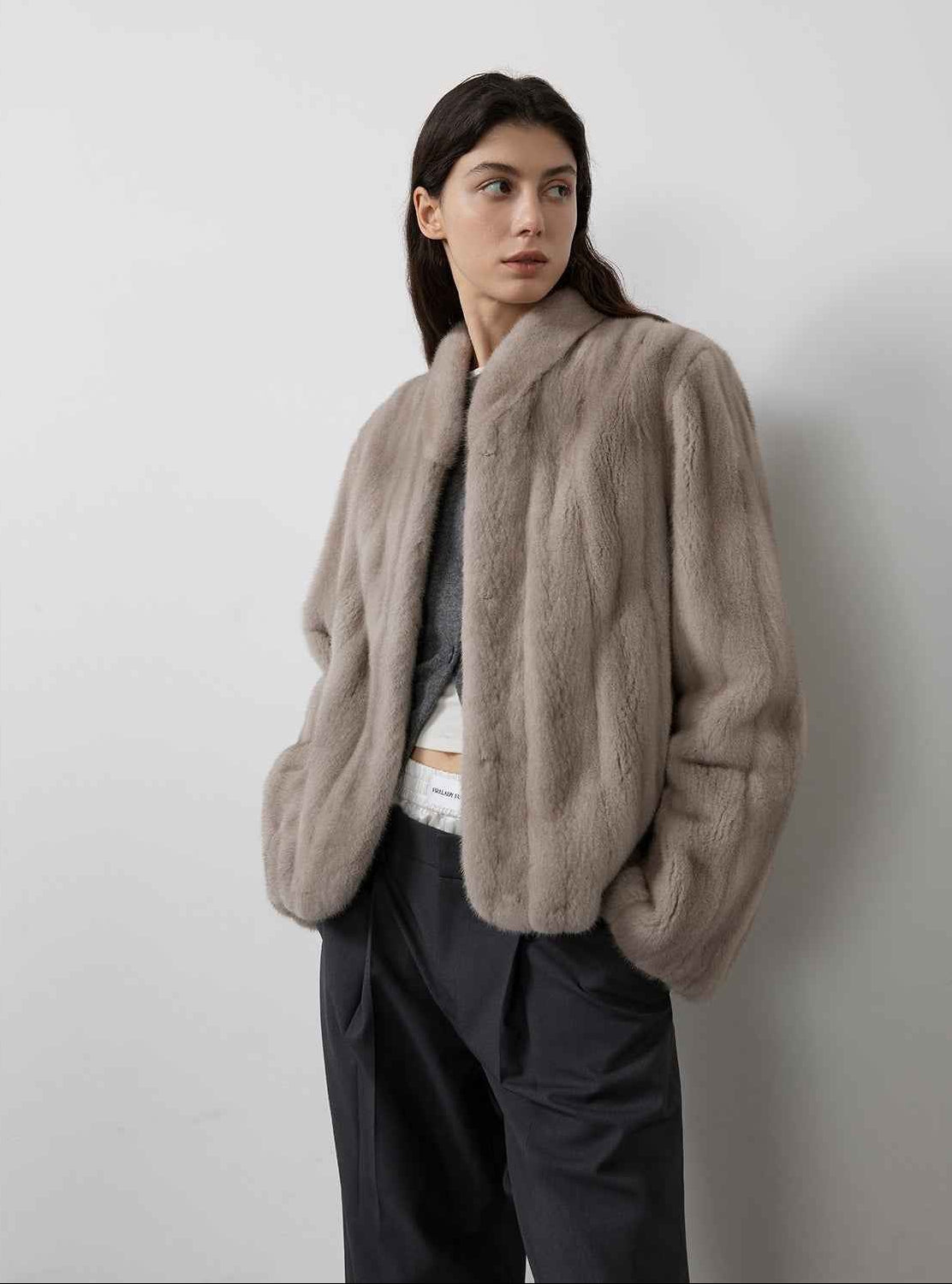 Warm coffee mink retro imported stand collar short mink fur coat - variant_title