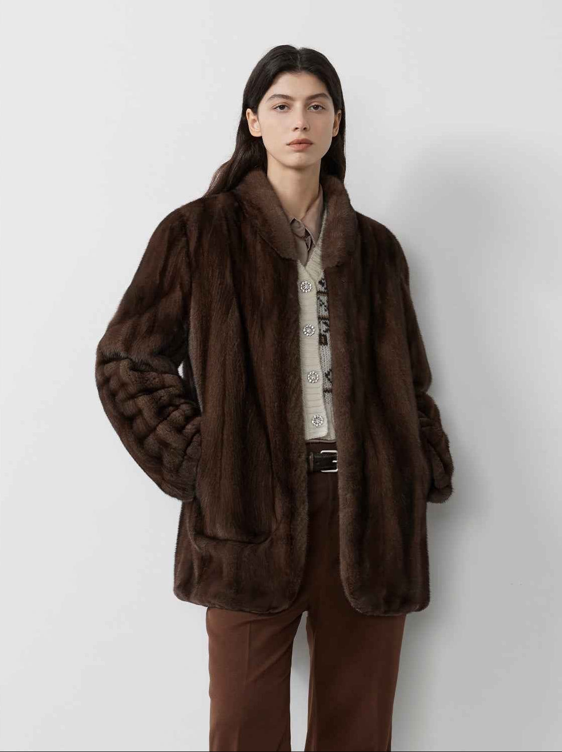 Warm coffee mink retro imported stand collar short mink fur coat - variant_title