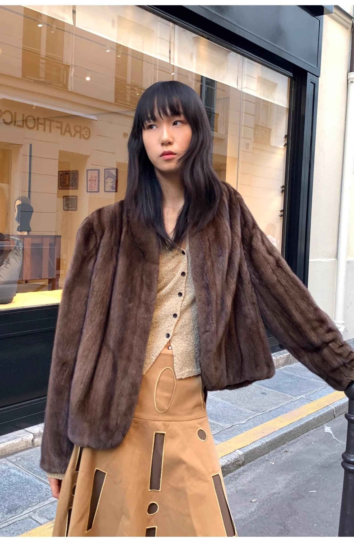 Warm coffee mink retro imported stand collar short mink fur coat - variant_title
