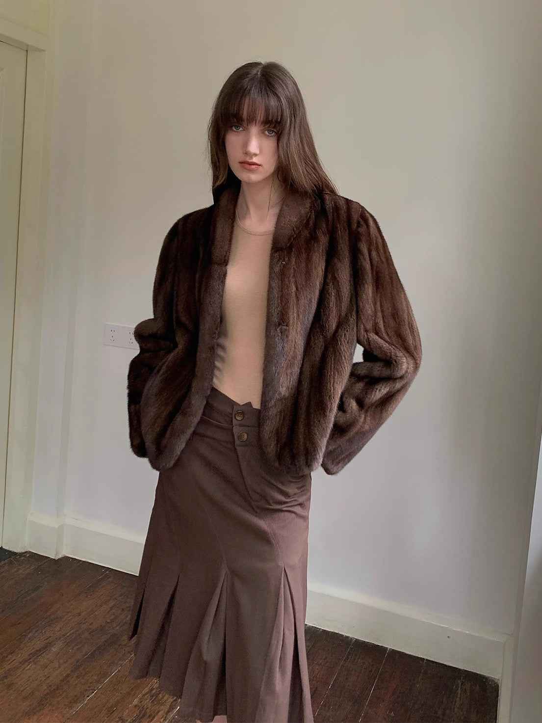 Warm coffee mink retro imported stand collar short mink fur coat - variant_title