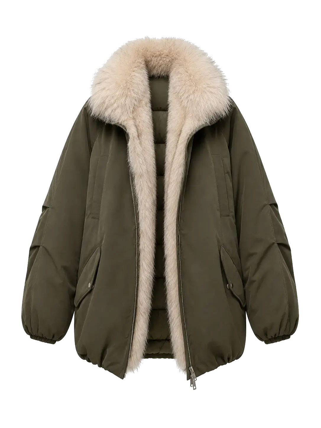 Fireladyfur Warm Dialogue Army Green two-tone fox fur down parka front cutout