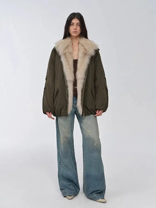 Full-length model view of Fireladyfur Warm Dialogue Army Green fox fur down parka