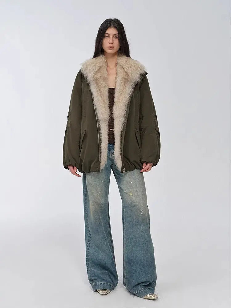 Full-length model view of Fireladyfur Warm Dialogue Army Green fox fur down parka