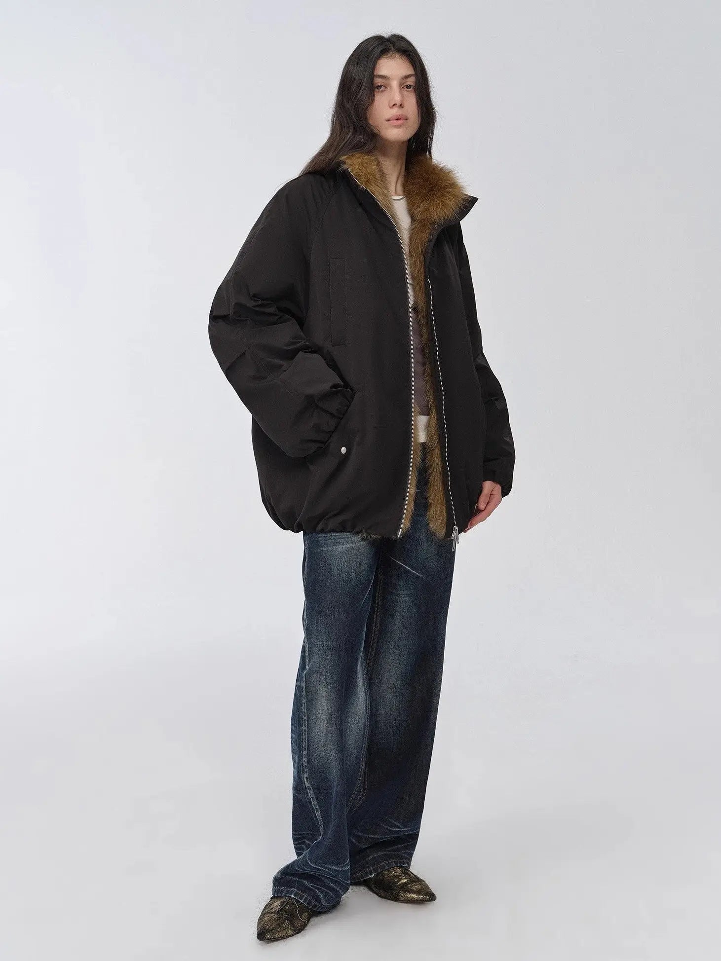 Full-length model view of Fireladyfur Warm Dialogue Black fox fur down parka