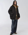 Full-length model view of Fireladyfur Warm Dialogue Black fox fur down parka