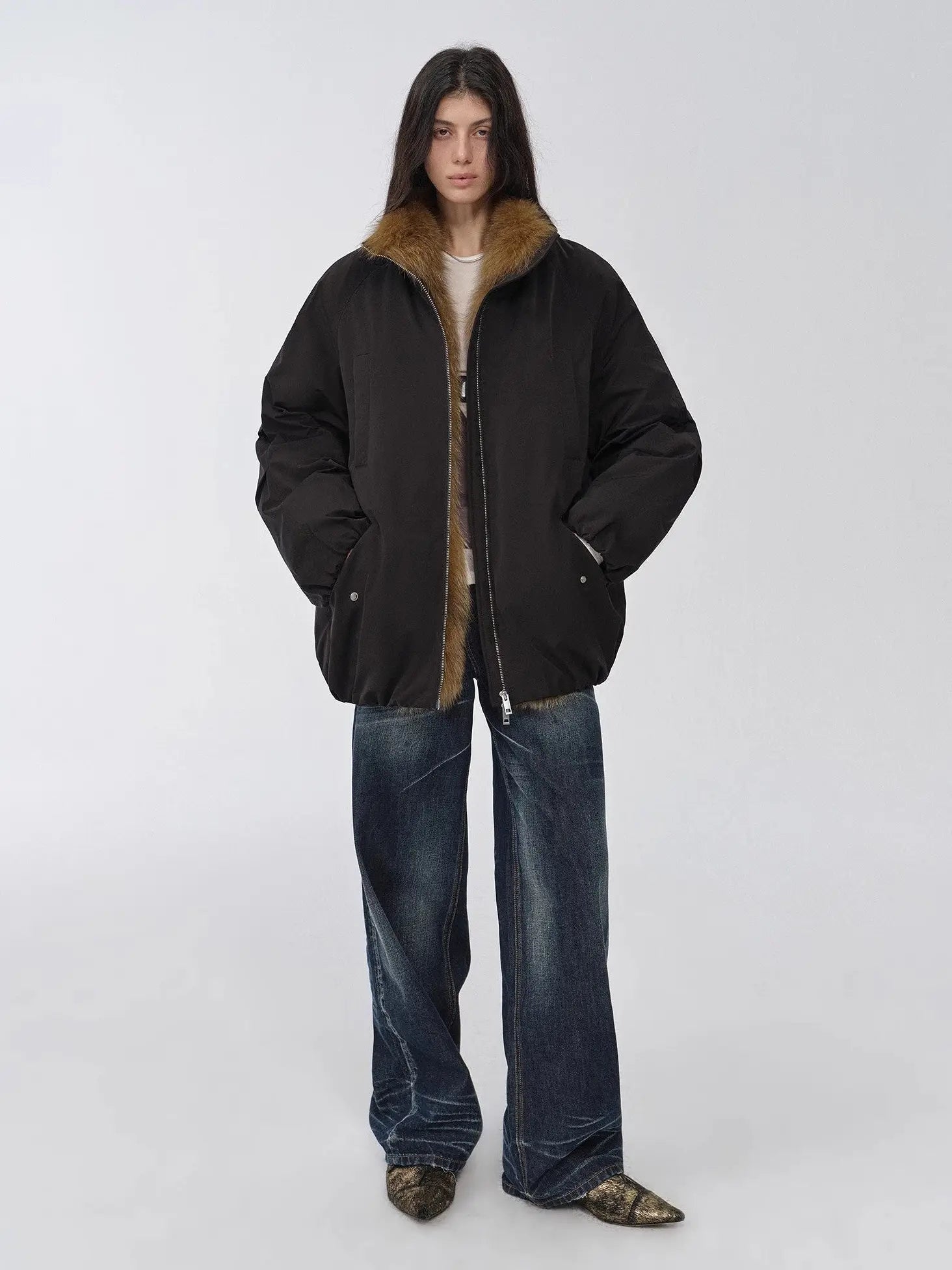 Model wearing Fireladyfur Warm Dialogue Black two-tone fur down parka relaxed front view