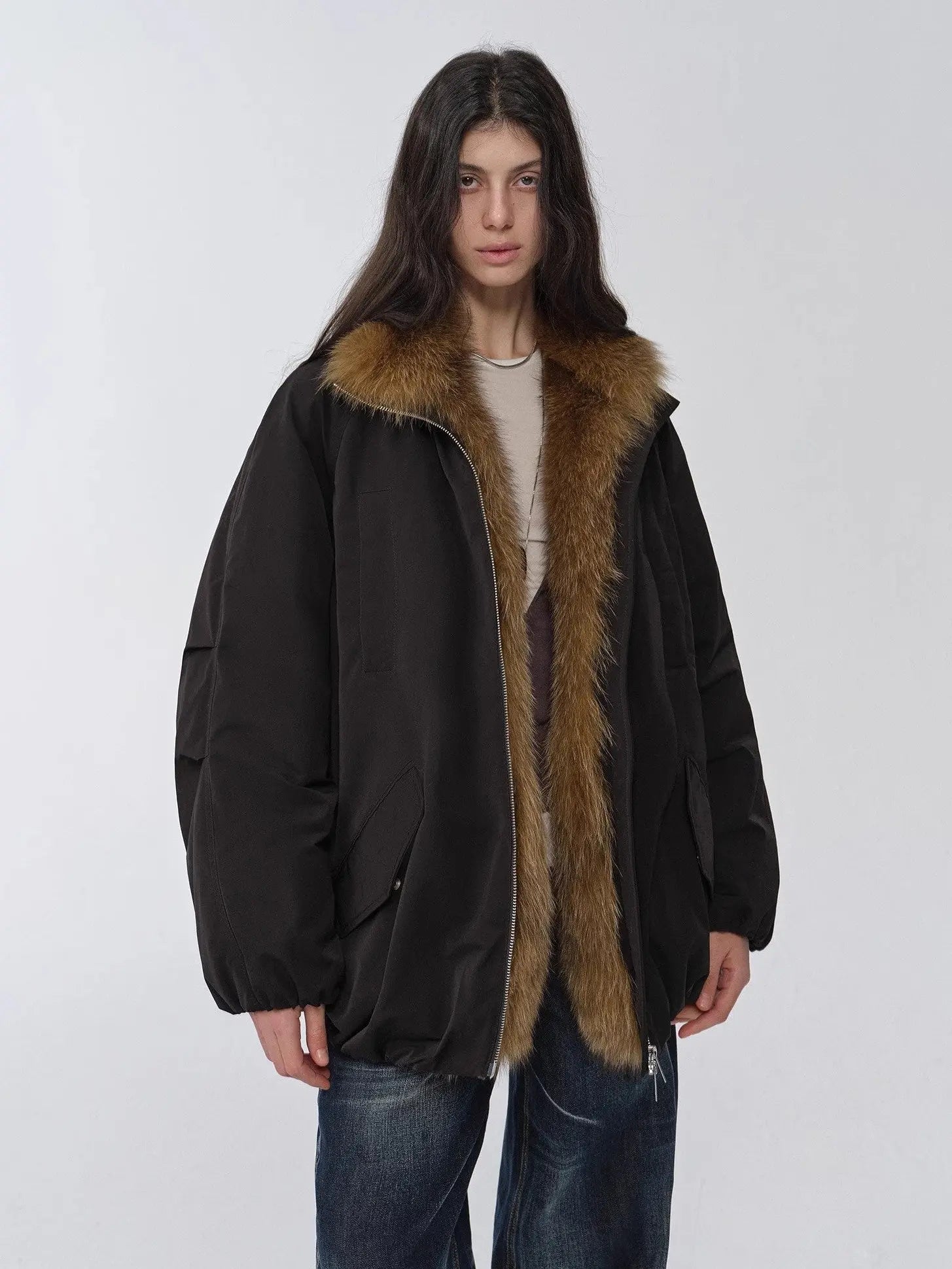 Fireladyfur Warm Dialogue Black mid-length fox fur down parka front model view