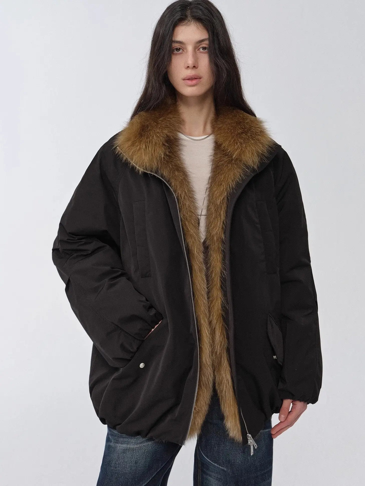 Fireladyfur Warm Dialogue Black fox fur down parka three-quarter model view
