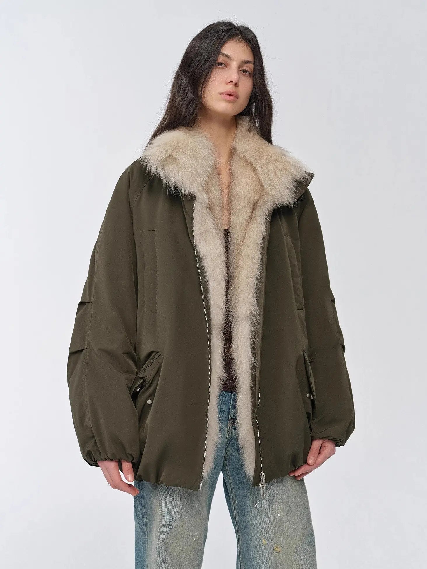 Close front model view of Fireladyfur Warm Dialogue Black two-tone fox fur down parka