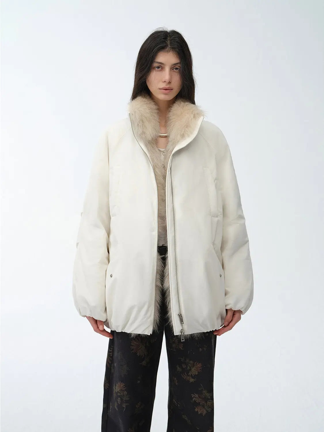 Model wearing Fireladyfur Warm Dialogue Original White fox fur down parka front view
