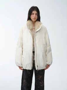 Model wearing Fireladyfur Warm Dialogue Original White fox fur down parka front view