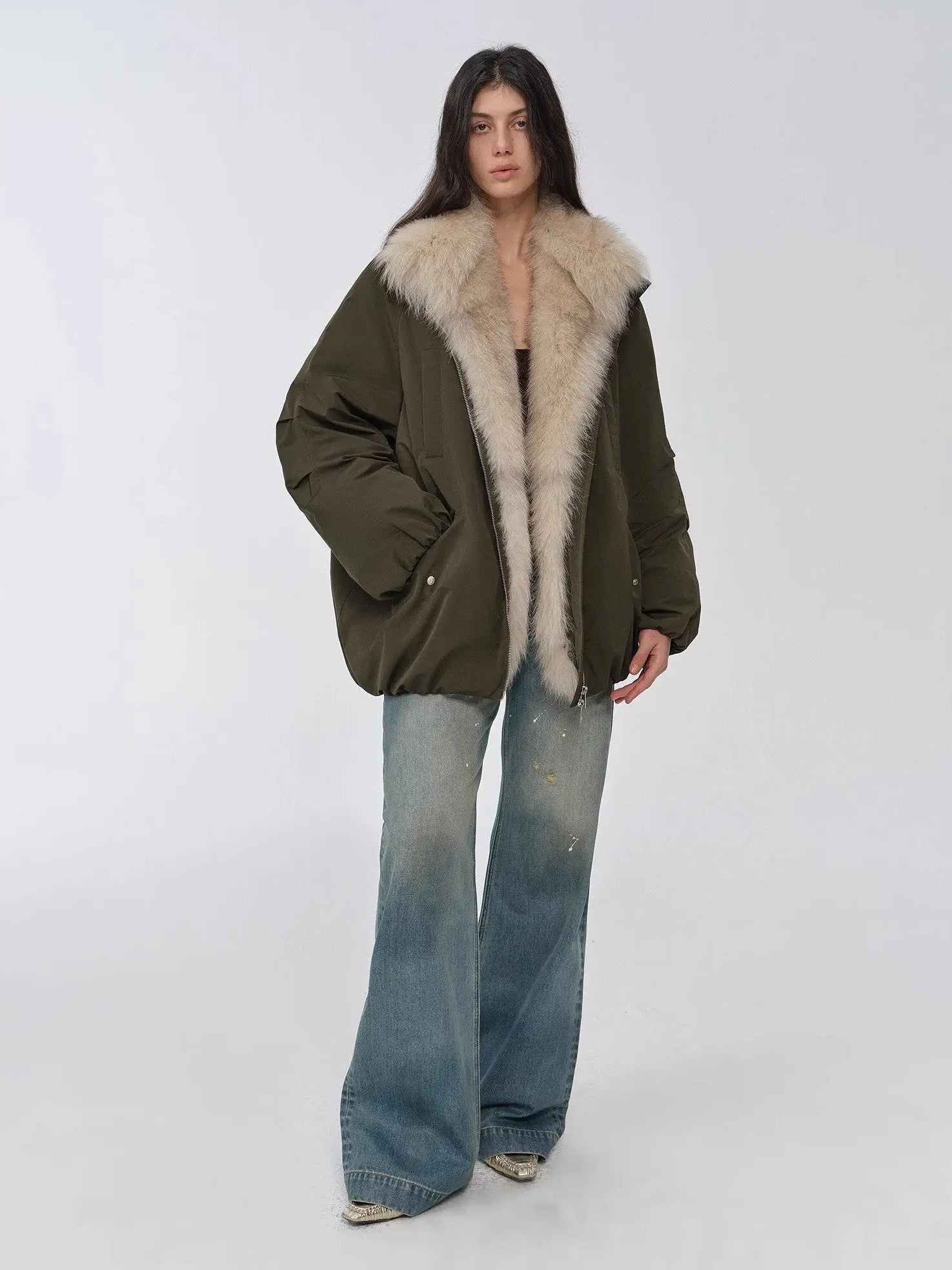 Full-length front view of Fireladyfur Warm Dialogue Army Green fox fur down parka on model