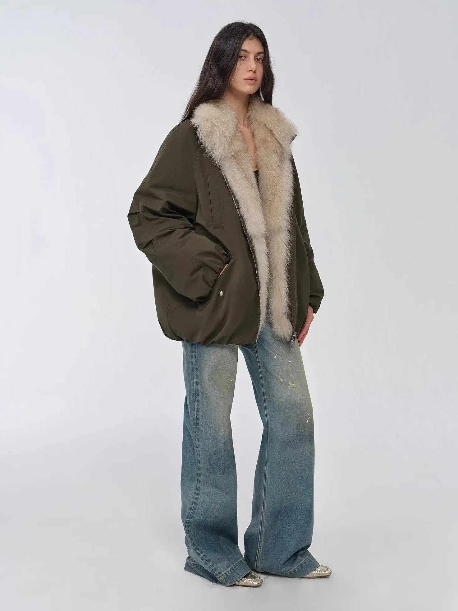Full-length three-quarter view of Fireladyfur Warm Dialogue Army Green fox fur down parka