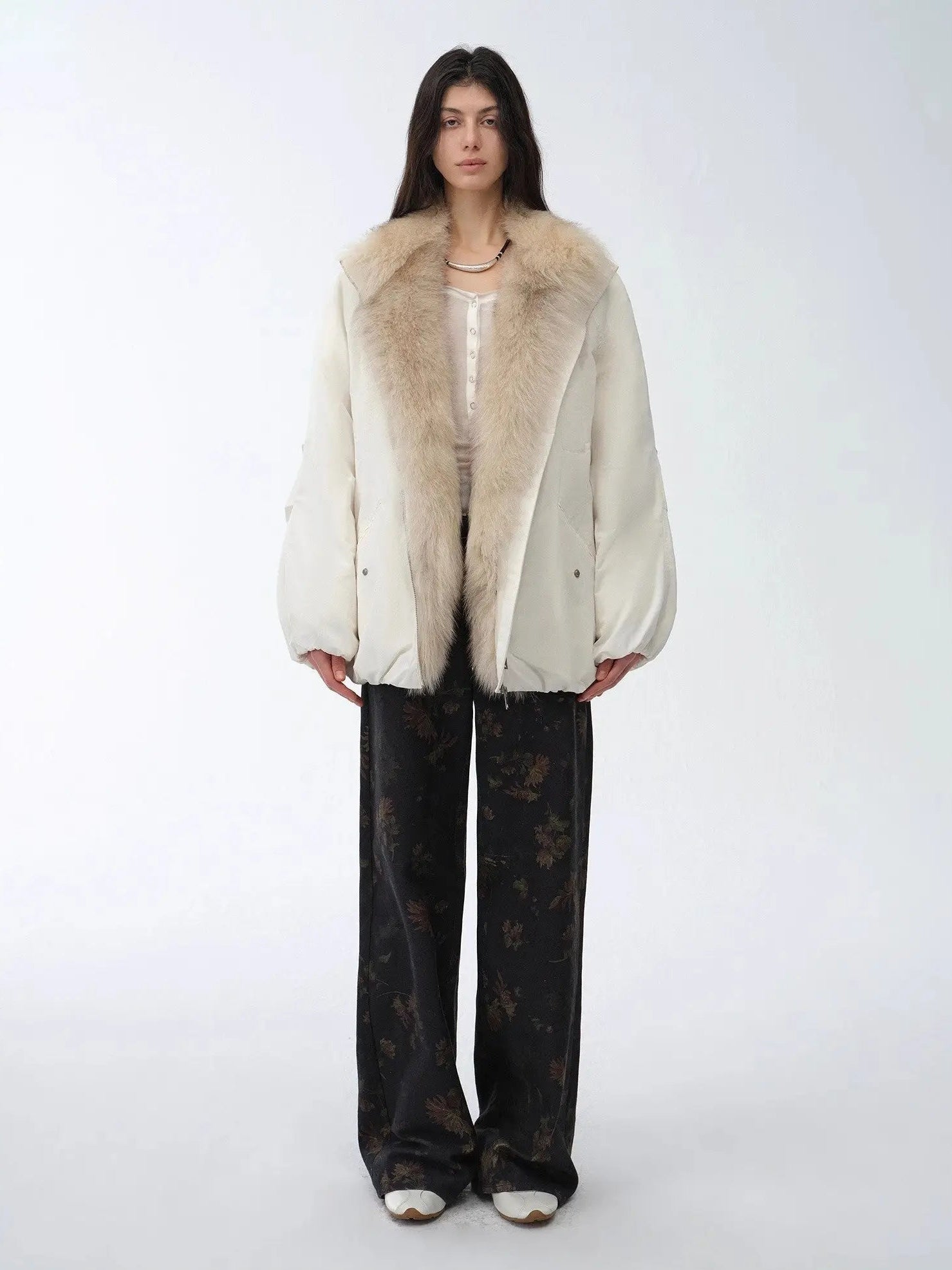 Full-length front view of Fireladyfur Warm Dialogue Original White fox fur down parka