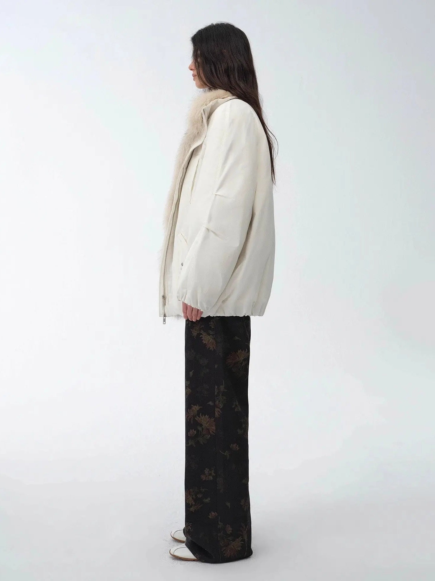Side view of Fireladyfur Warm Dialogue Original White fox fur down parka on model