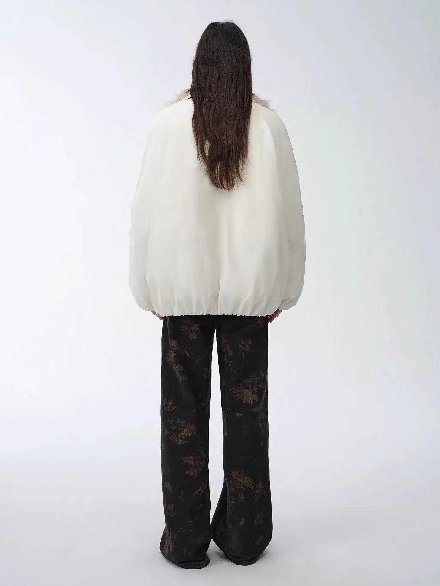 Back view of Fireladyfur Warm Dialogue Original White fox fur down parka on model