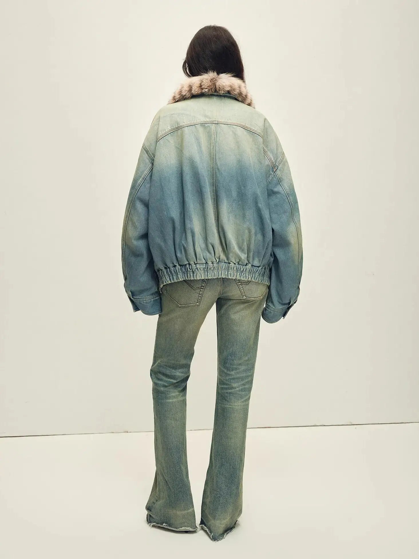 Back view of Firelady Fur Warm Mist Glass Blue denim parka with detachable fox fur collar