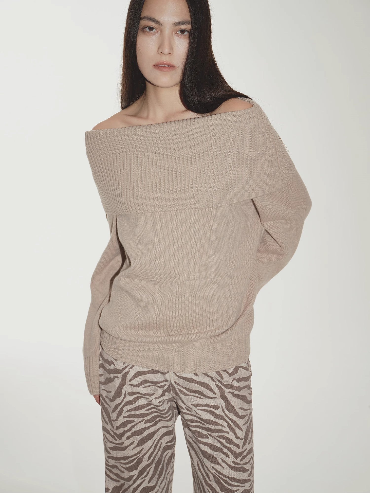 "Warm Women's Formula" French simple and versatile merino wool blended one - neck off - the - shoulder sweater - variant_title