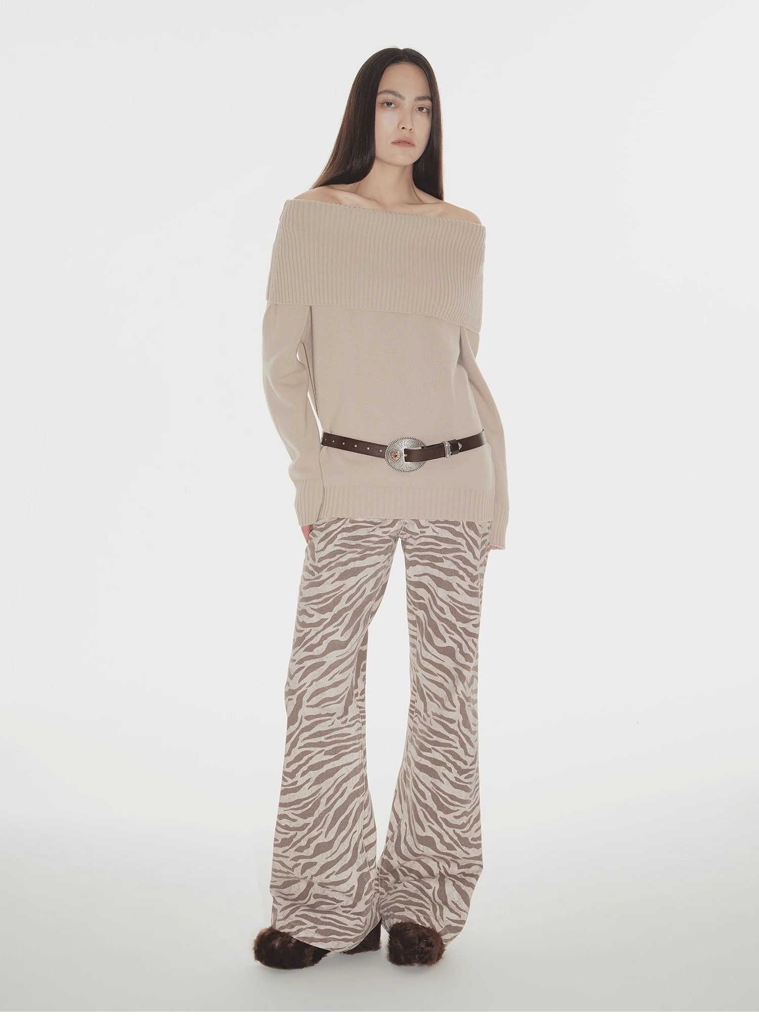 "Warm Women's Formula" French simple and versatile merino wool blended one - neck off - the - shoulder sweater - variant_title