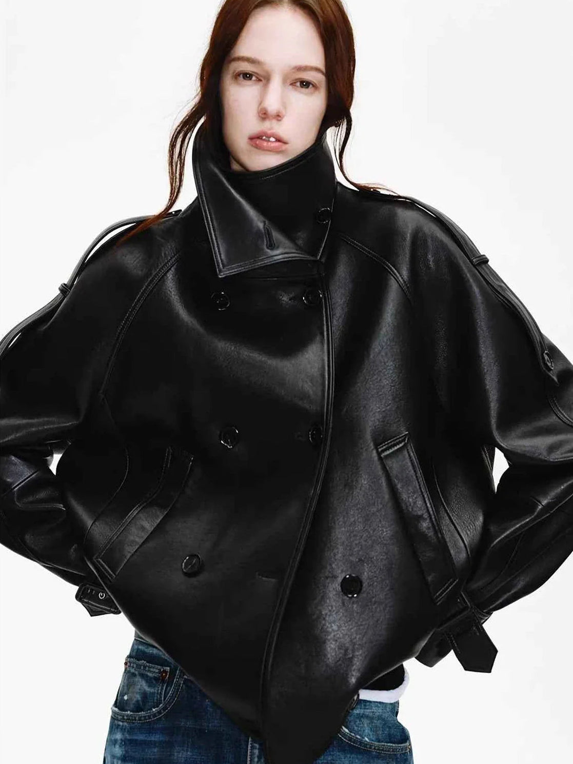Firelady Fur Women's Turkish Lambskin Funnel Neck Leather Jacket - Weekend Street Style Short Trench Coat