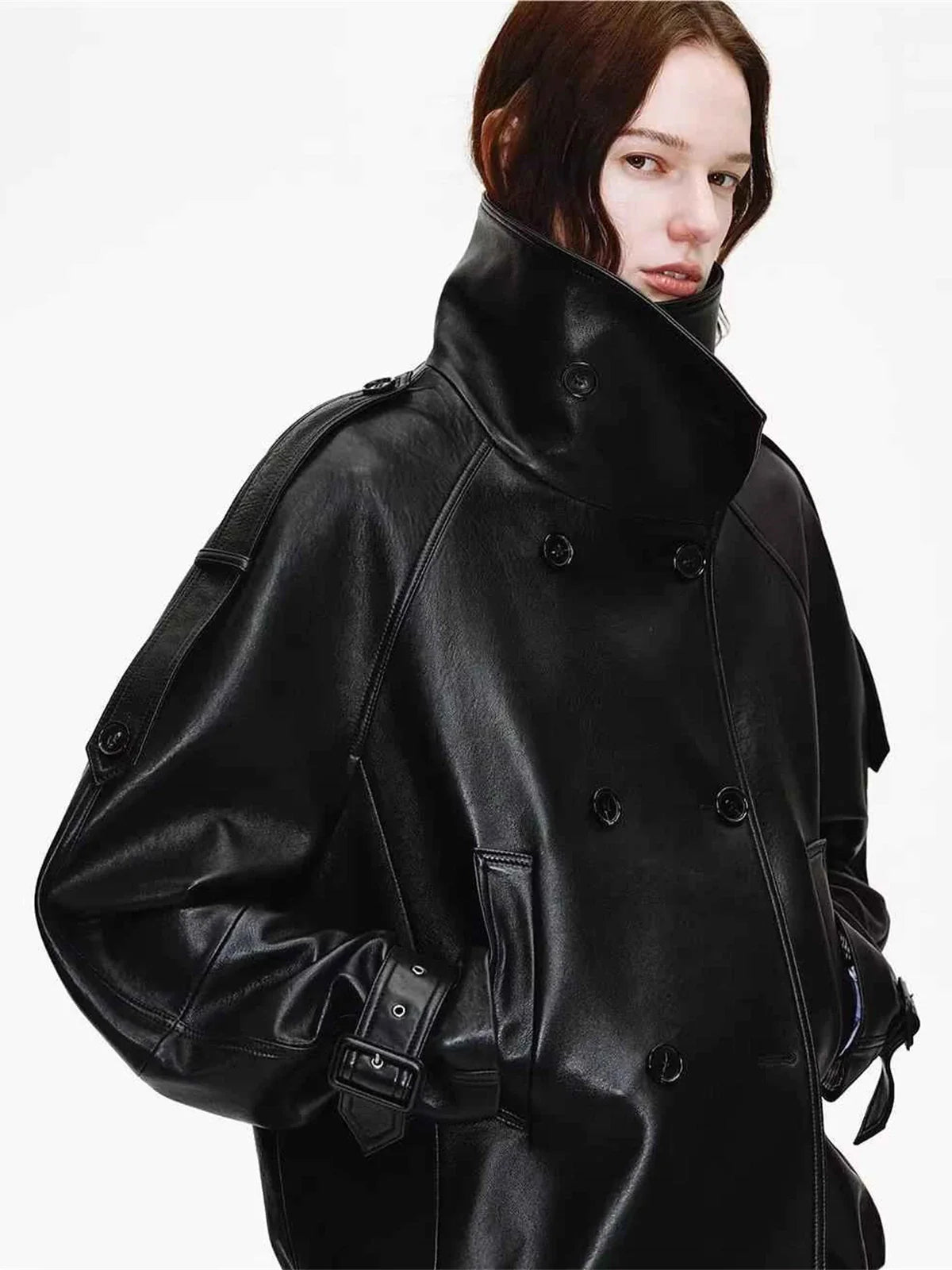 Firelady Fur Women's Turkish Lambskin Funnel Neck Leather Jacket - Weekend Street Style Short Trench Coat