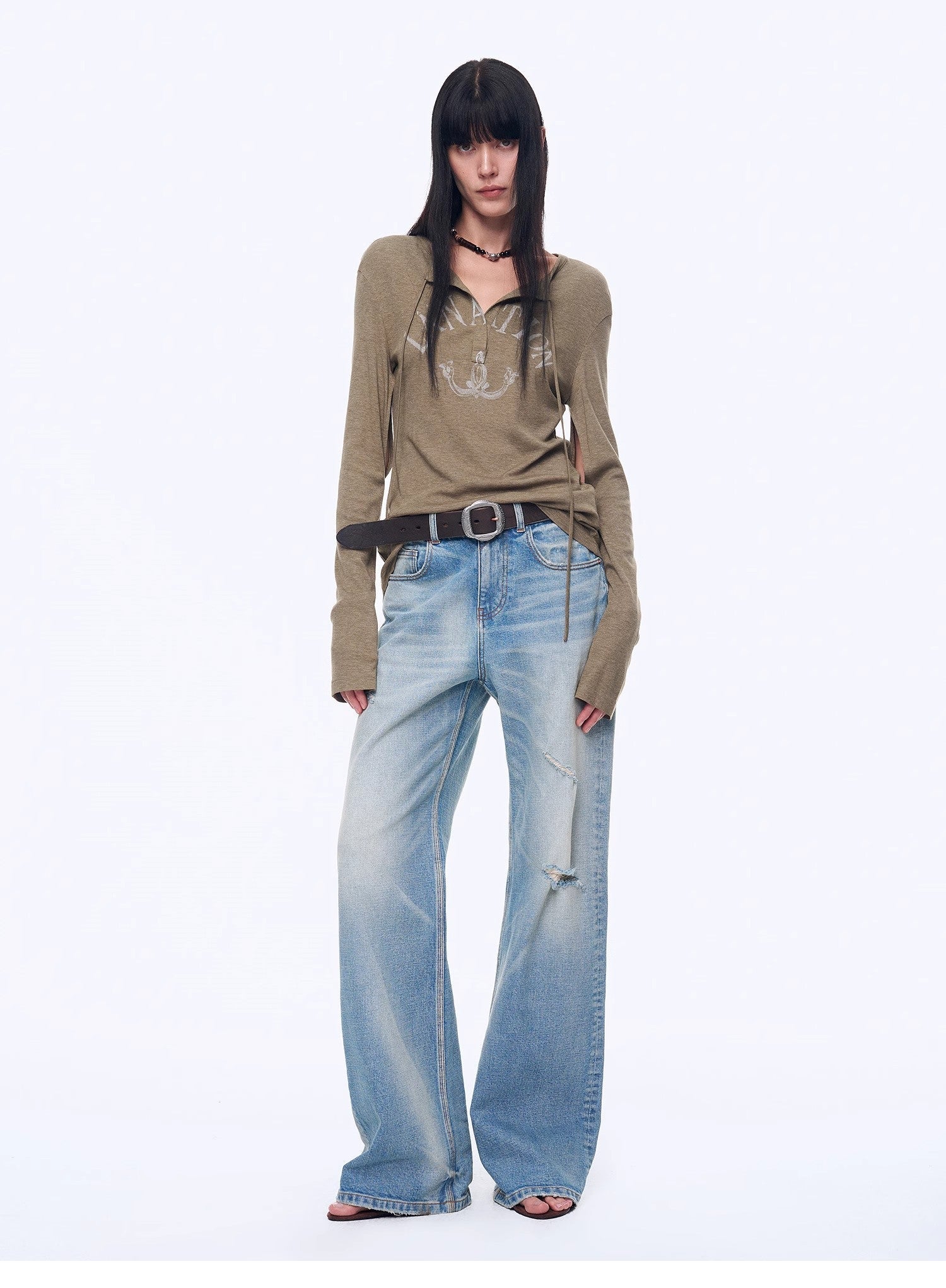 "West City Rhythm" Handmade Whisker Washed Flared Jeans Spring - variant_title